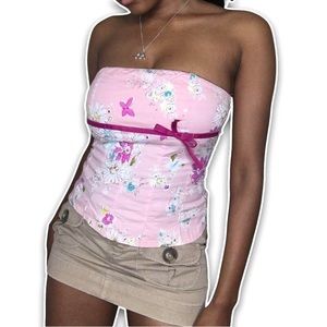 Y2K, pink, floral, strapless, boneless corset style, bustier top
